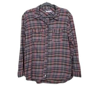 Melrose & Market Plaid Long Sleeve Button Down Blouse Womens Size M Brown Tan